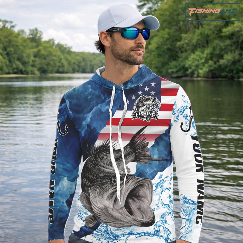 Blue Camo Bass Fishing American Flag Fishing Shirt, Bass Fishing Shirts Long Sleeve NBT458