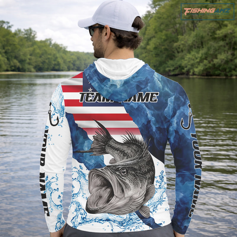 Blue Camo Bass Fishing American Flag Fishing Shirt, Bass Fishing Shirts Long Sleeve NBT458