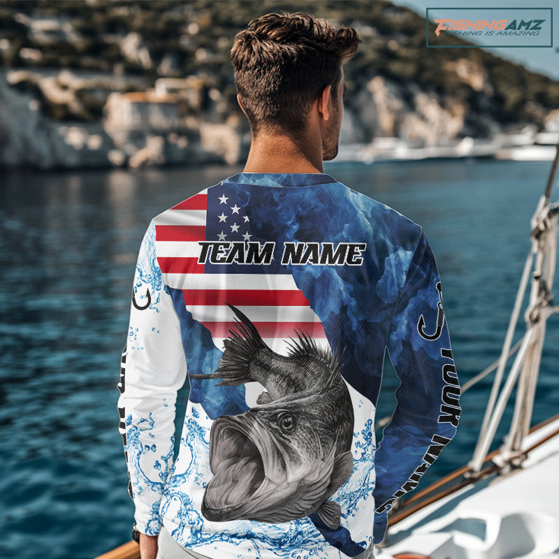 Blue Camo Bass Fishing American Flag Fishing Shirt, Bass Fishing Shirts Long Sleeve NBT458