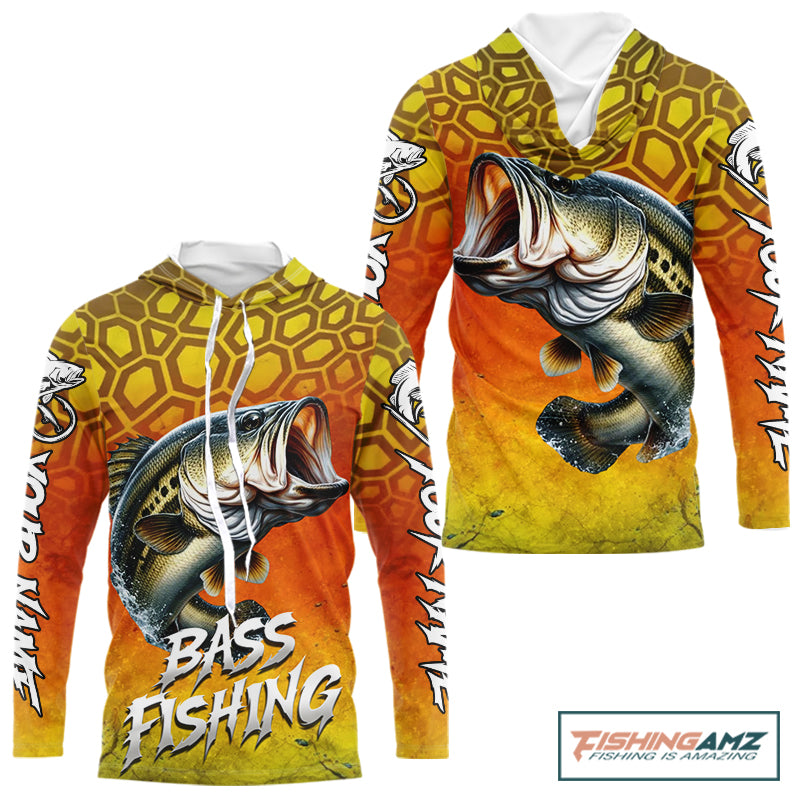 Personalized Bass Fishing Long Sleeve Hooded Fishing Shirt Yellow Camo, Bass Fishing Shirts NBT459