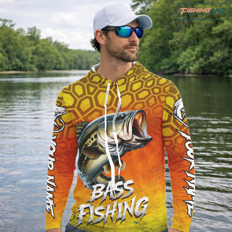 Personalized Bass Fishing Long Sleeve Hooded Fishing Shirt Yellow Camo, Bass Fishing Shirts NBT459