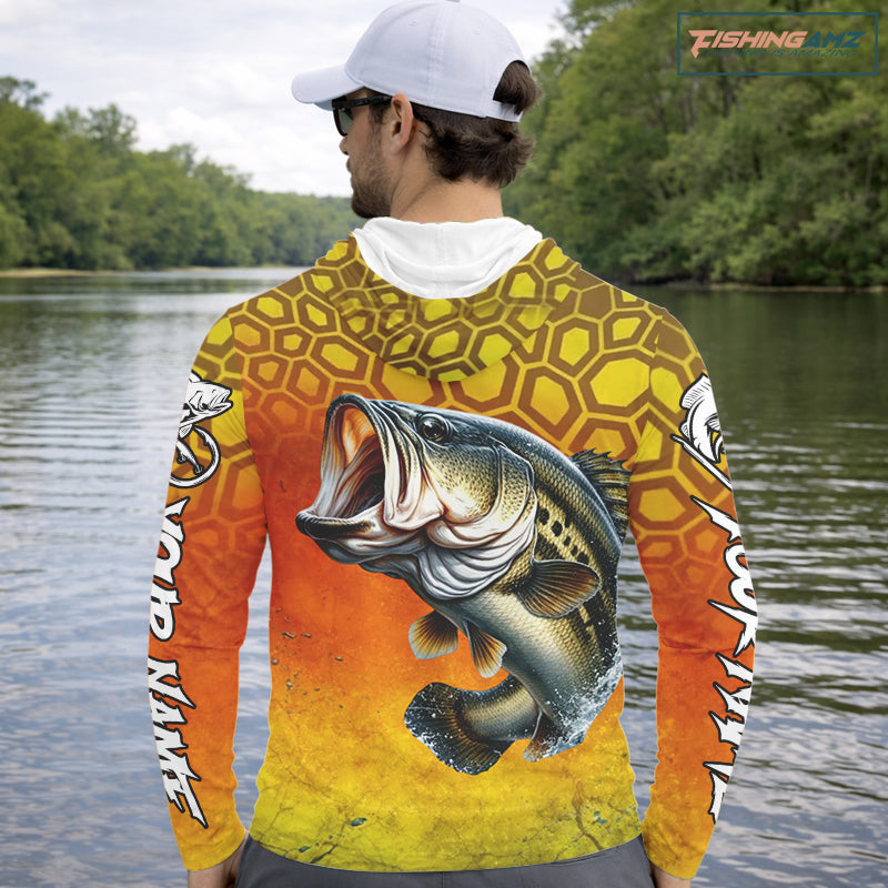 Personalized Bass Fishing Long Sleeve Hooded Fishing Shirt Yellow Camo, Bass Fishing Shirts NBT459
