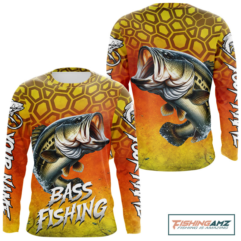 Personalized Bass Fishing Long Sleeve Fishing Shirt Yellow Camo, Bass Fishing Shirts NBT459