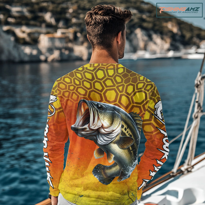 Personalized Bass Fishing Long Sleeve Fishing Shirt Yellow Camo, Bass Fishing Shirts NBT459