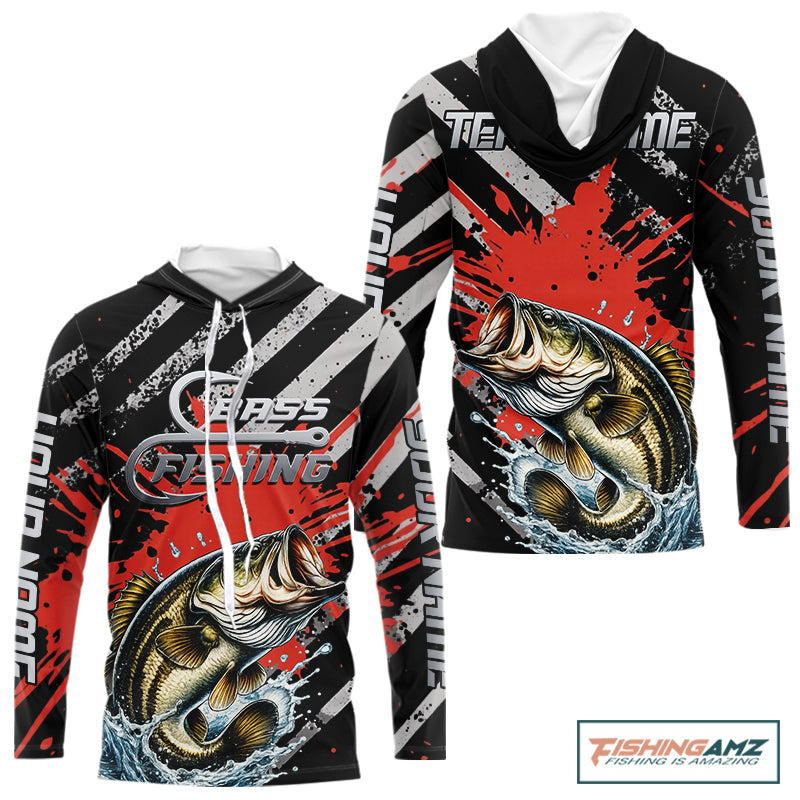 Custom Largemouth Bass Long Sleeve Hooded Tournament Fishing Shirts, Largemouth Fishing Jerseys NBT712