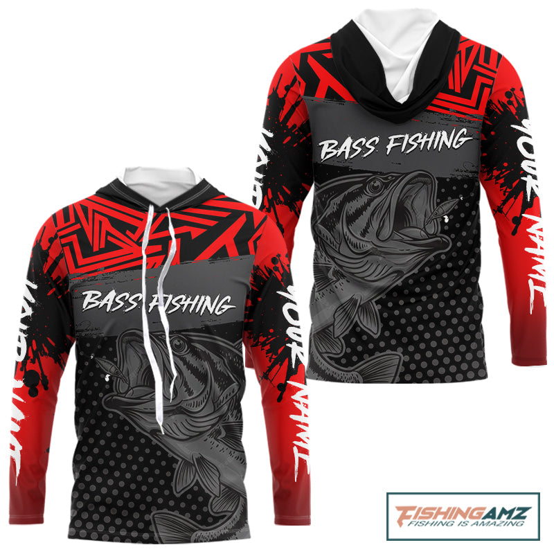 Red Largemouth Bass Fishing Long Sleeve Shirt with Hood UV Protection Custom Name, Bass Tournament Jerseys NBT361