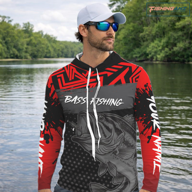 Red Largemouth Bass Fishing Long Sleeve Shirt with Hood UV Protection Custom Name, Bass Tournament Jerseys NBT361