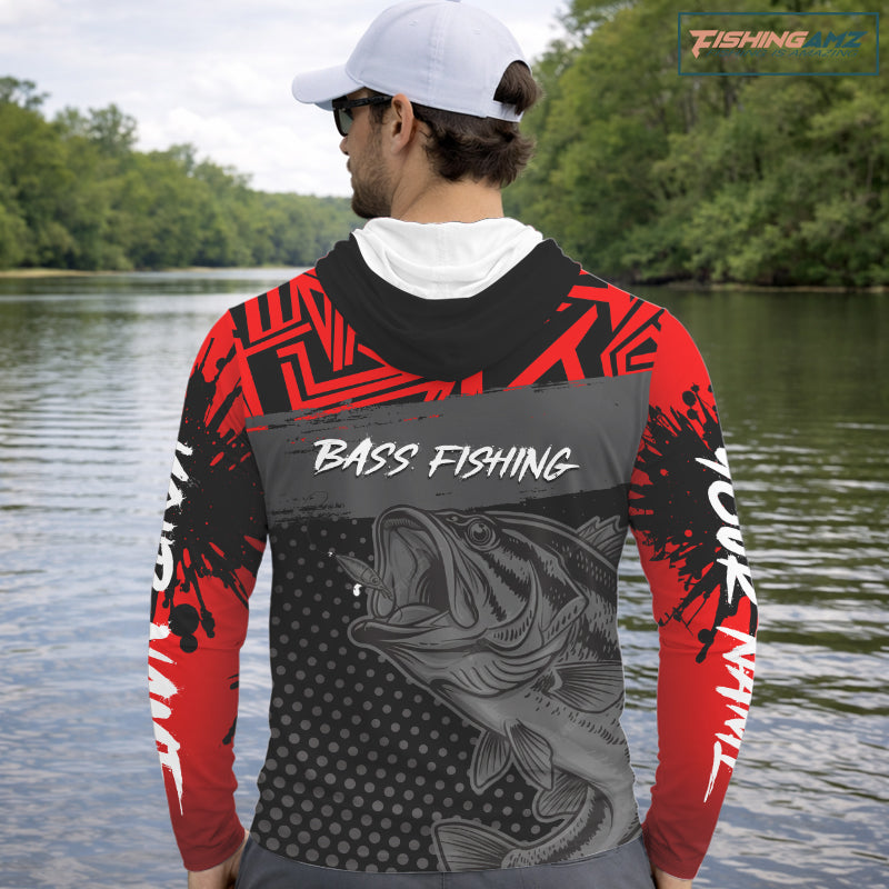 Red Largemouth Bass Fishing Long Sleeve Shirt with Hood UV Protection Custom Name, Bass Tournament Jerseys NBT361