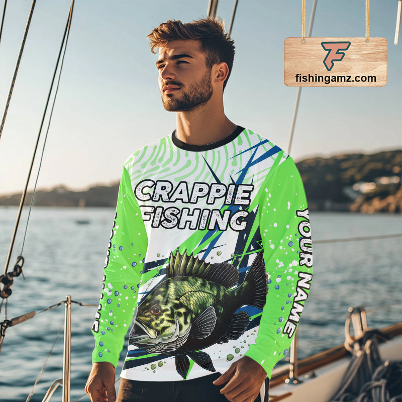 Custom Green Crappie Custom Name Long Sleeve  Fishing Jerseys, Tournament Fishing Shirts NBT364