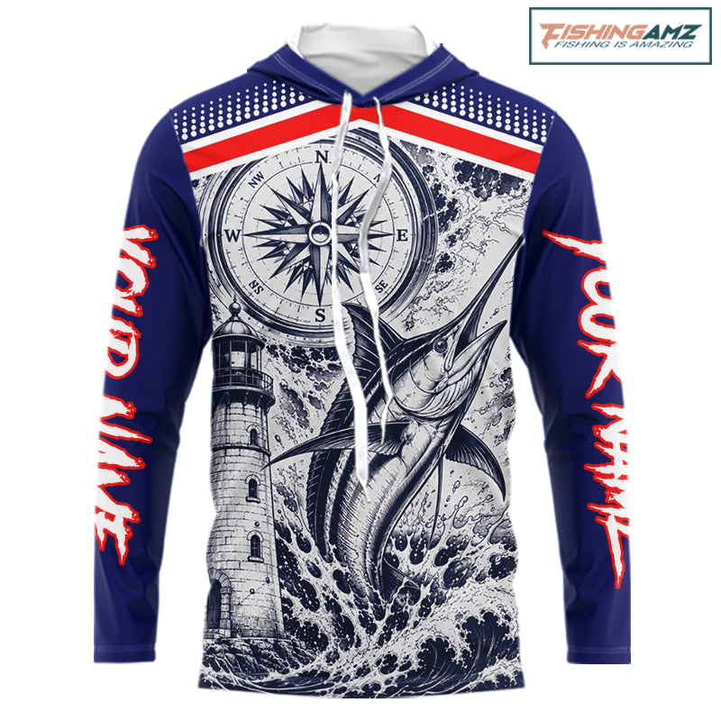 Front view of personalized Marlin blue long sleeve hooded performance fishing shirt with compass design