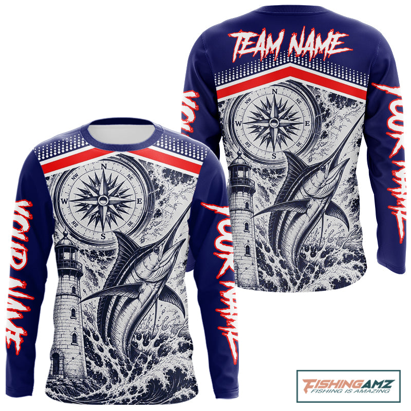 Front and back view of personalized Marlin blue long sleeve performance fishing shirt for tournaments