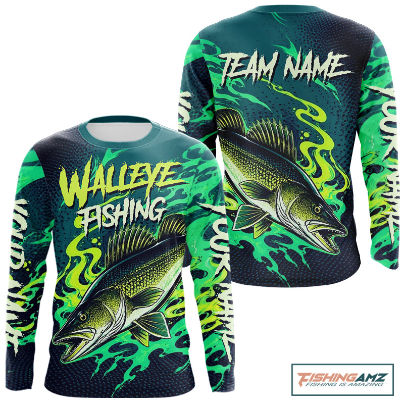 Front and back view of custom Walleye fishing green camo long sleeve fishing jersey for teams