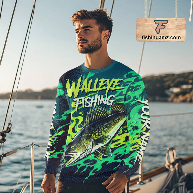 Angler wearing custom Walleye fishing green camo long sleeve shirt on the water