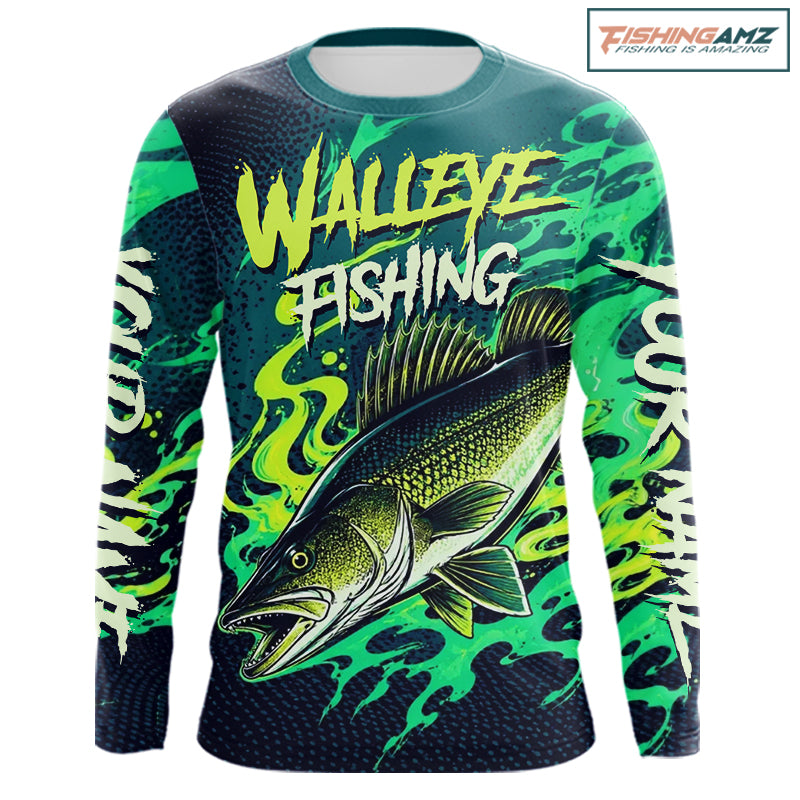 Front view of custom Walleye fishing green camo long sleeve fishing shirt with personalized name