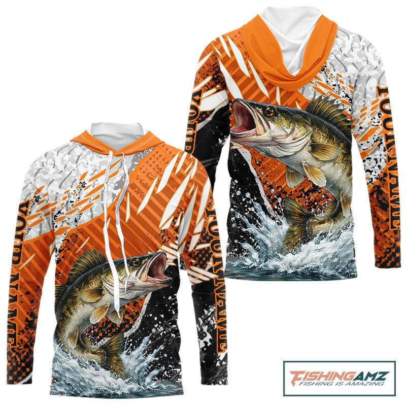 Walleye Fishing Shirts Long Sleeve Hooded Orange Camo, Persionalized Walleye Fishing Jerseys  NBT406