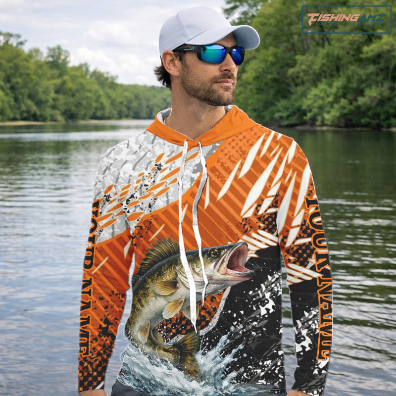 Walleye Fishing Shirts Long Sleeve Hooded Orange Camo, Persionalized Walleye Fishing Jerseys  NBT406