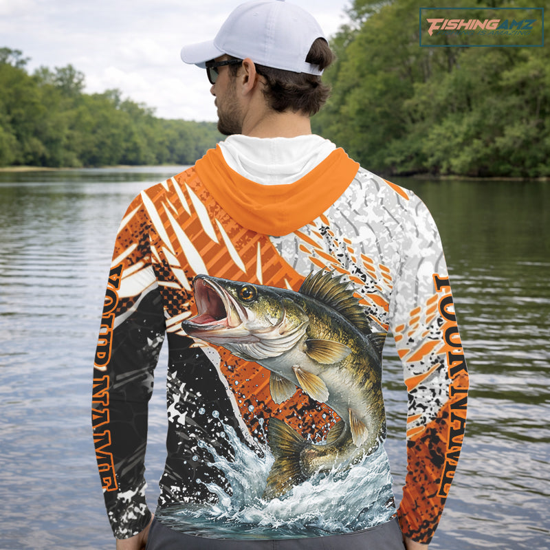 Walleye Fishing Shirts Long Sleeve Hooded Orange Camo, Persionalized Walleye Fishing Jerseys  NBT406