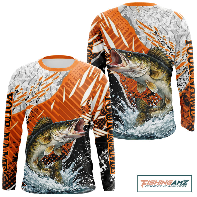 Walleye Fishing Shirts Long Sleeve Orange Camo, Persionalized Walleye Fishing Jerseys NBT406