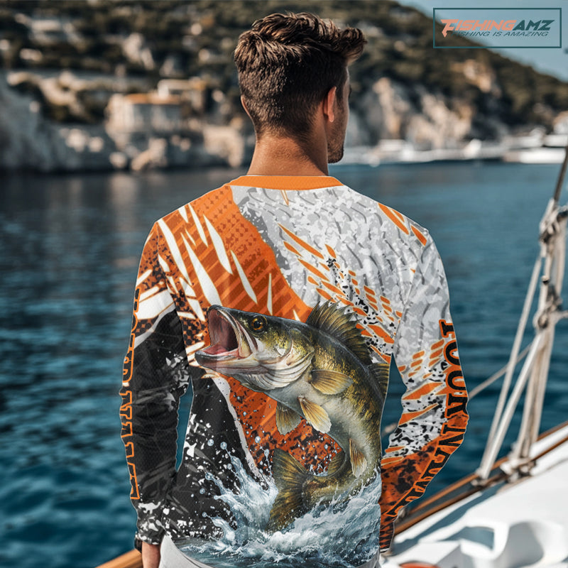 Walleye Fishing Shirts Long Sleeve Orange Camo, Persionalized Walleye Fishing Jerseys NBT406
