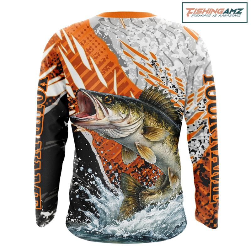 Walleye Fishing Shirts Long Sleeve Orange Camo, Persionalized Walleye Fishing Jerseys NBT406