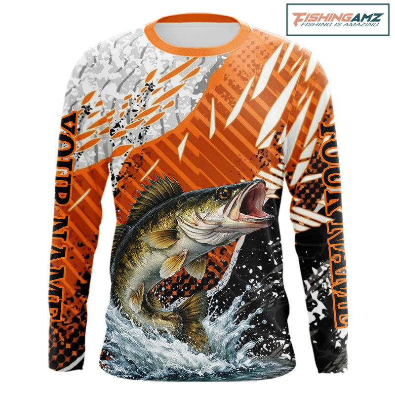 Walleye Fishing Shirts Long Sleeve Orange Camo, Persionalized Walleye Fishing Jerseys NBT406