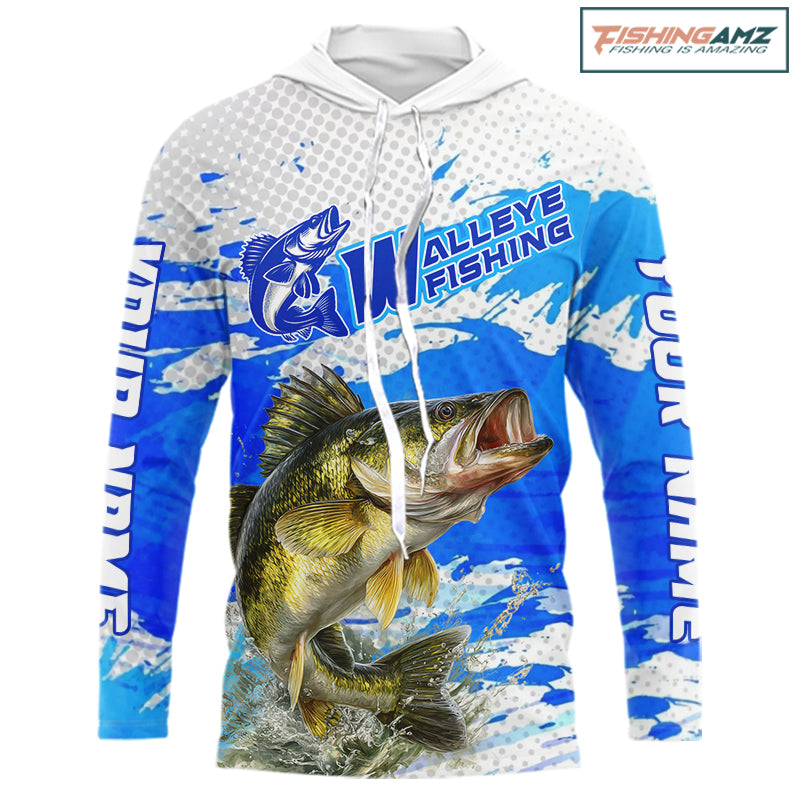 Blue Camo Walleye Fishing Shirts Long Sleeve Hooded, Walleye Fishing Jerseys NBT407