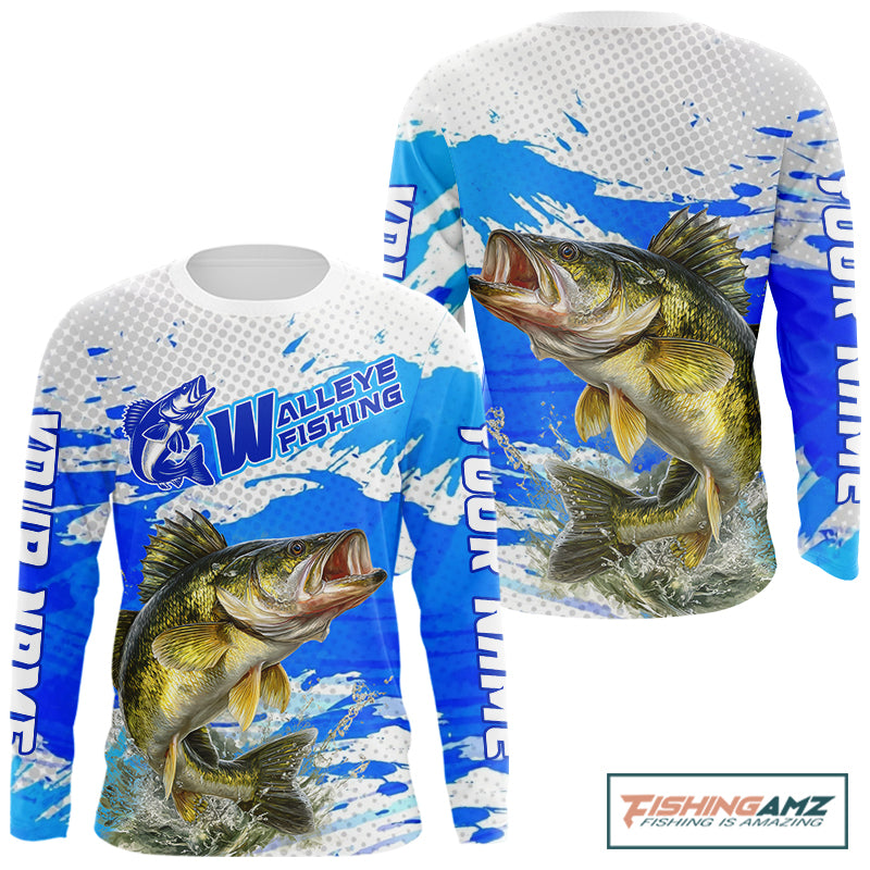 Blue Camo Walleye Fishing Shirts Long Sleeve, Walleye Fishing Jerseys NBT407