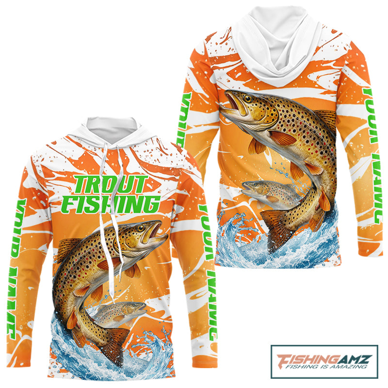 Big Brown Trout Fishing Shirts Long Sleeve Hooded Orange Camo Custom Name, Tournament Fishing Jerseys NBT410
