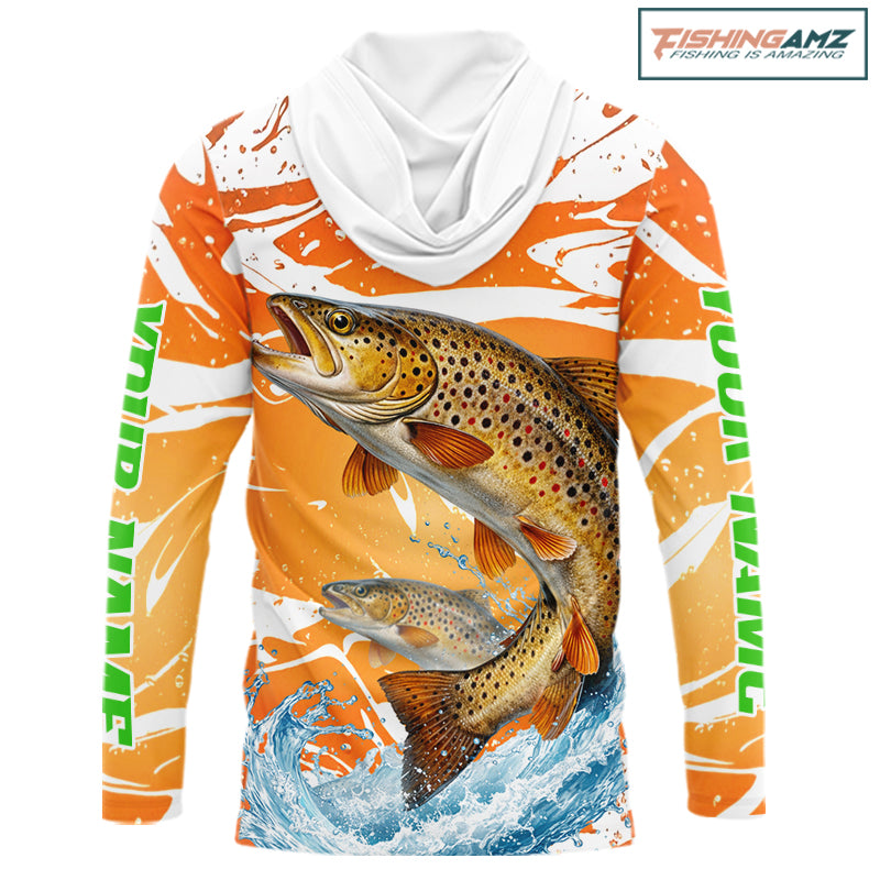 Big Brown Trout Fishing Shirts Long Sleeve Hooded Orange Camo Custom Name, Tournament Fishing Jerseys NBT410