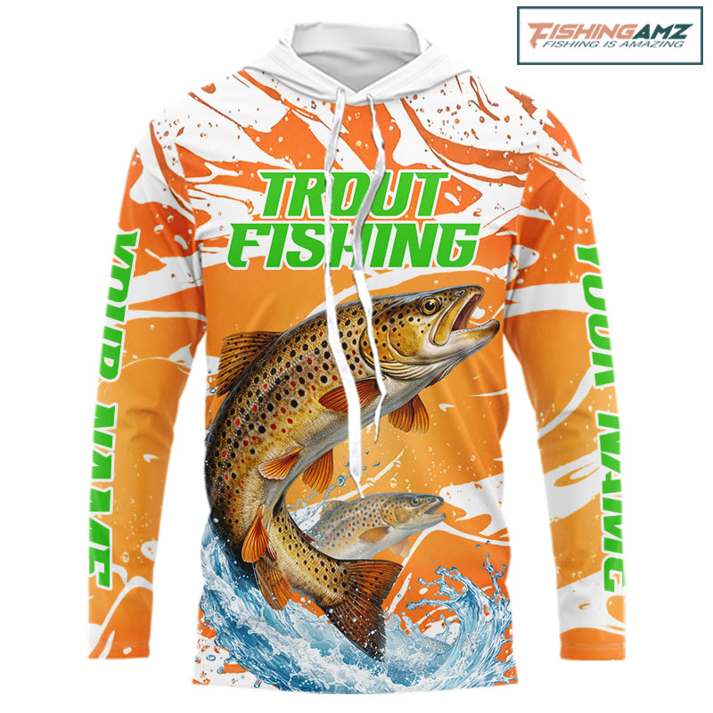 Big Brown Trout Fishing Shirts Long Sleeve Hooded Orange Camo Custom Name, Tournament Fishing Jerseys NBT410