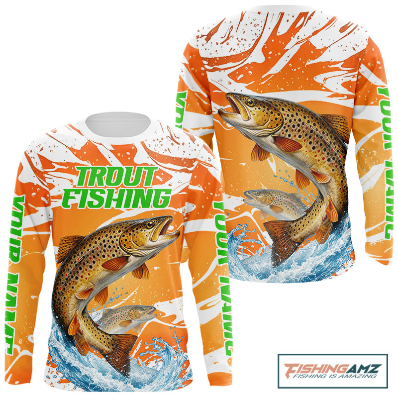 Big Brown Trout Fishing Shirts Long Sleeve Orange Camo Custom Name, Tournament Fishing Jerseys NBT410