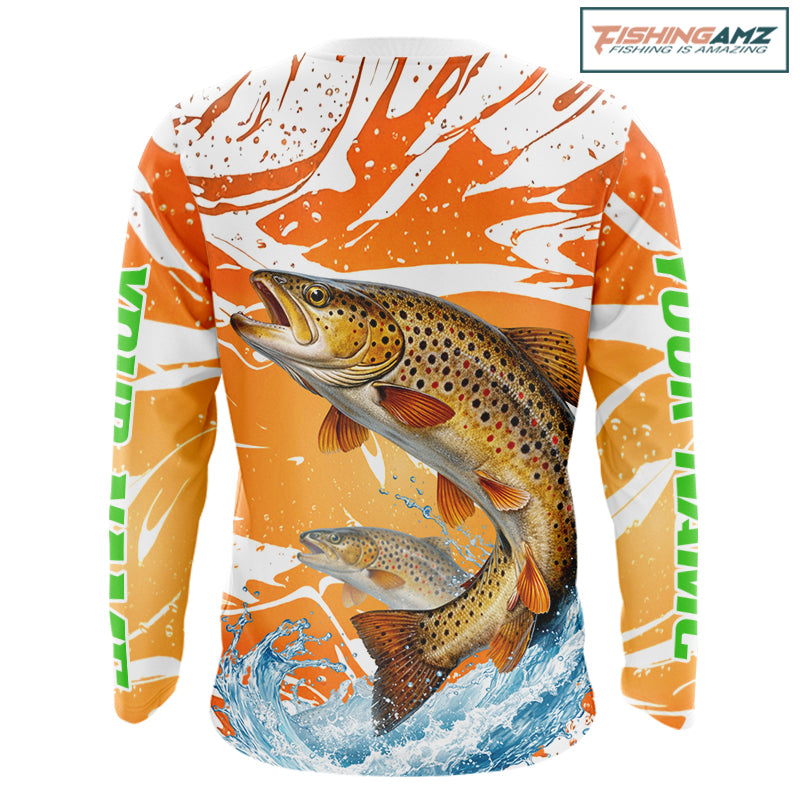 Big Brown Trout Fishing Shirts Long Sleeve Orange Camo Custom Name, Tournament Fishing Jerseys NBT410