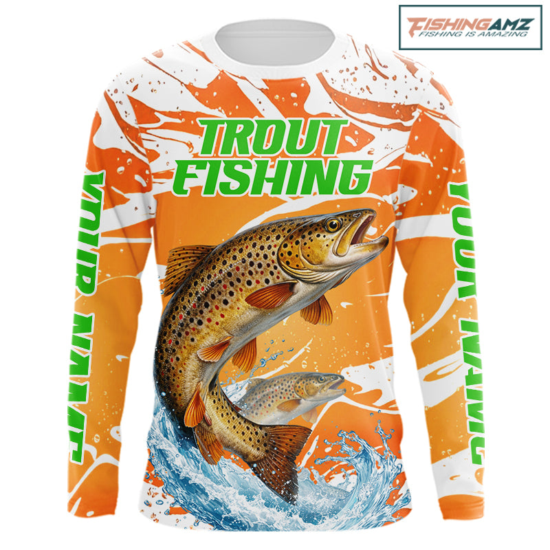 Big Brown Trout Fishing Shirts Long Sleeve Orange Camo Custom Name, Tournament Fishing Jerseys NBT410