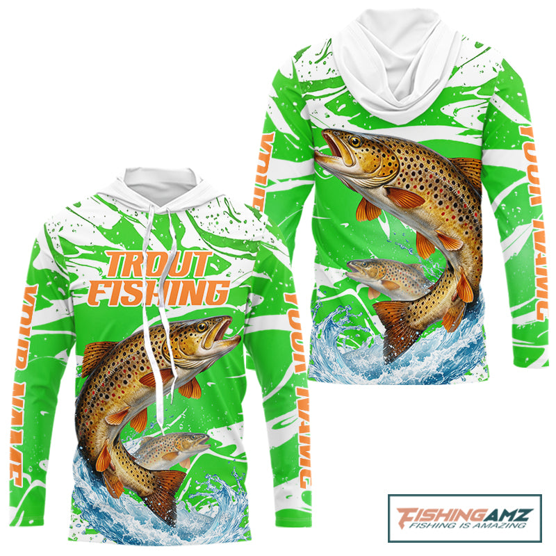 Big Brown Trout Fishing Shirts Long Sleeve Hooded Green Camo Custom Name, Tournament Fishing Jerseys NBT411