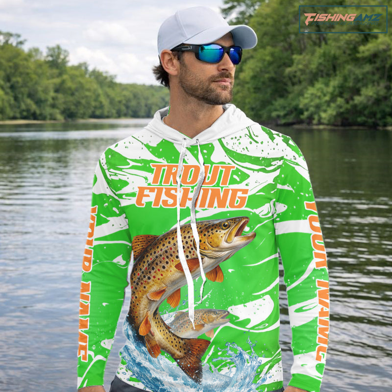 Big Brown Trout Fishing Shirts Long Sleeve Hooded Green Camo Custom Name, Tournament Fishing Jerseys NBT411