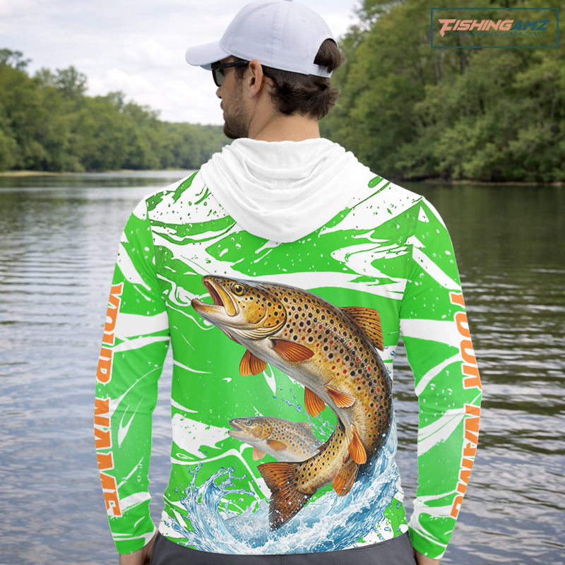 Big Brown Trout Fishing Shirts Long Sleeve Hooded Green Camo Custom Name, Tournament Fishing Jerseys NBT411