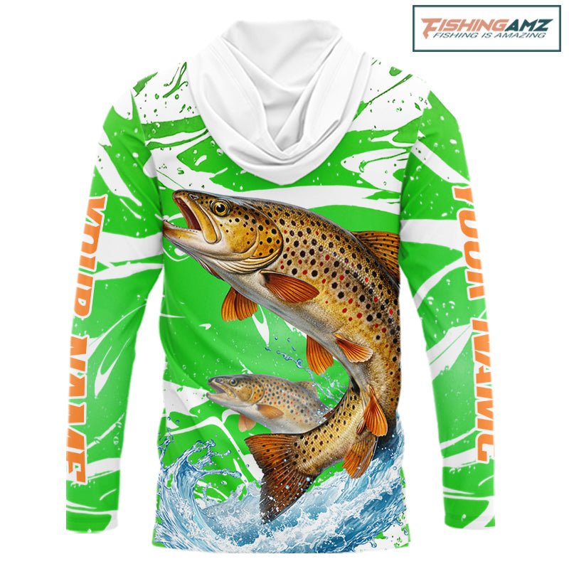 Big Brown Trout Fishing Shirts Long Sleeve Hooded Green Camo Custom Name, Tournament Fishing Jerseys NBT411