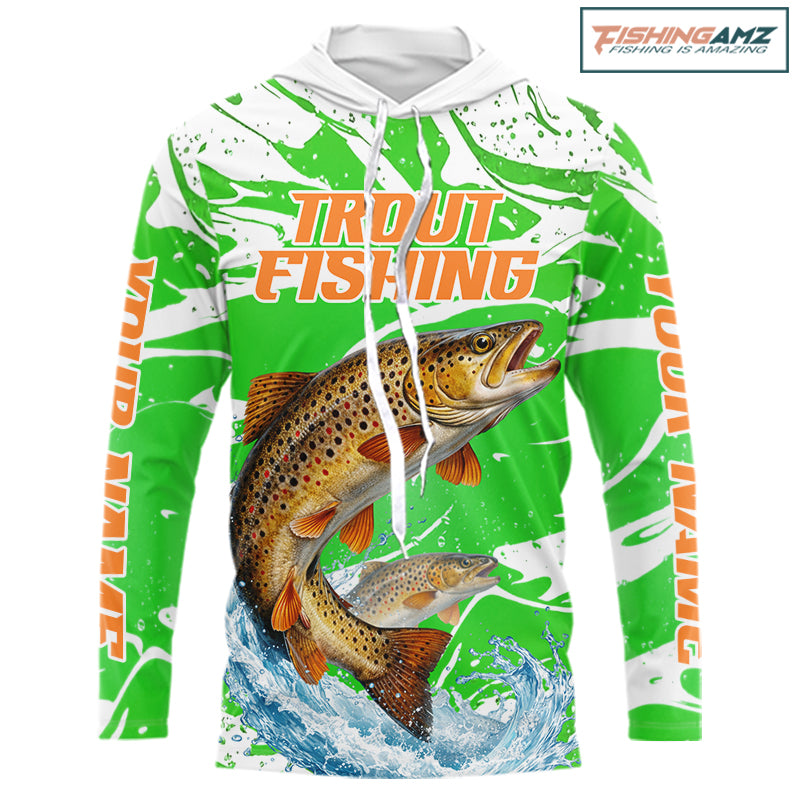 Big Brown Trout Fishing Shirts Long Sleeve Hooded Green Camo Custom Name, Tournament Fishing Jerseys NBT411
