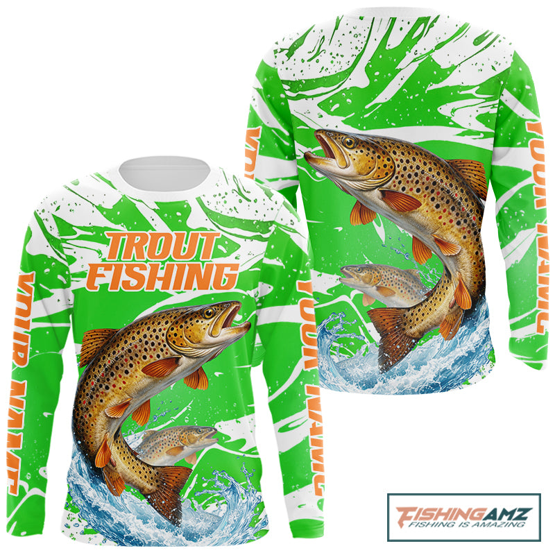 Big Brown Trout Fishing Shirts Long Sleeve Green Camo Custom Name, Tournament Fishing Jerseys NBT411