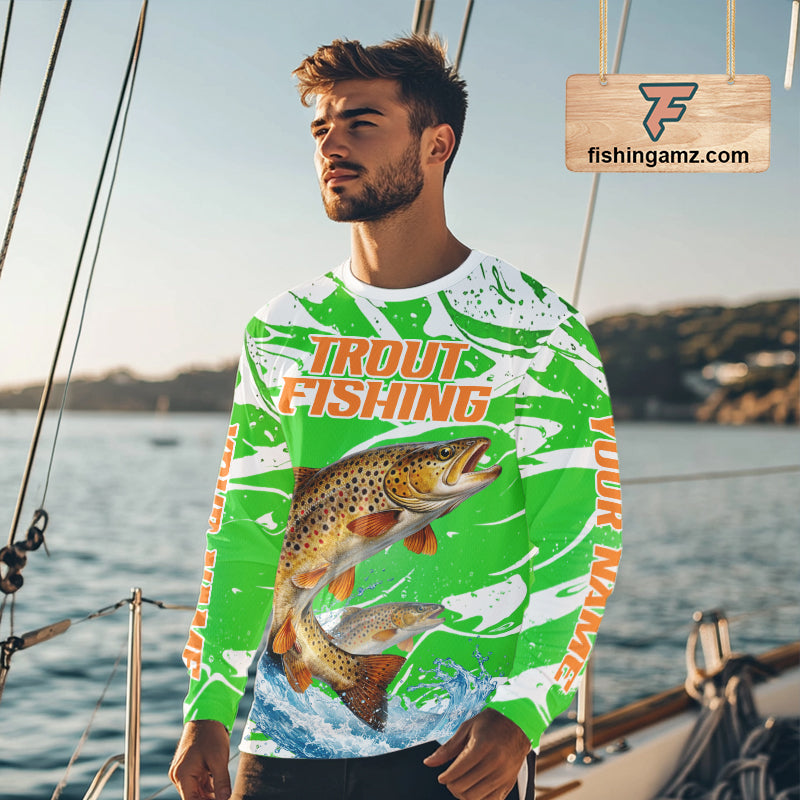 Big Brown Trout Fishing Shirts Long Sleeve Green Camo Custom Name, Tournament Fishing Jerseys NBT411