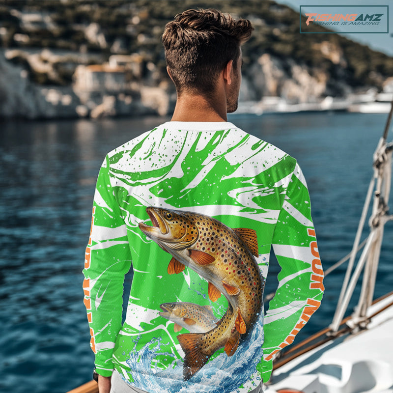 Big Brown Trout Fishing Shirts Long Sleeve Green Camo Custom Name, Tournament Fishing Jerseys NBT411