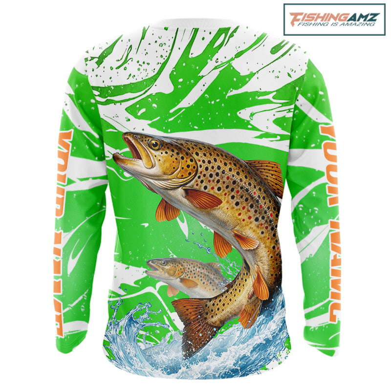 Big Brown Trout Fishing Shirts Long Sleeve Green Camo Custom Name, Tournament Fishing Jerseys NBT411