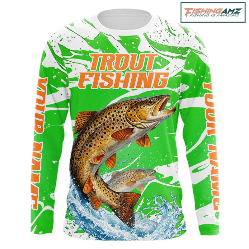 Big Brown Trout Fishing Shirts Long Sleeve Green Camo Custom Name, Tournament Fishing Jerseys NBT411