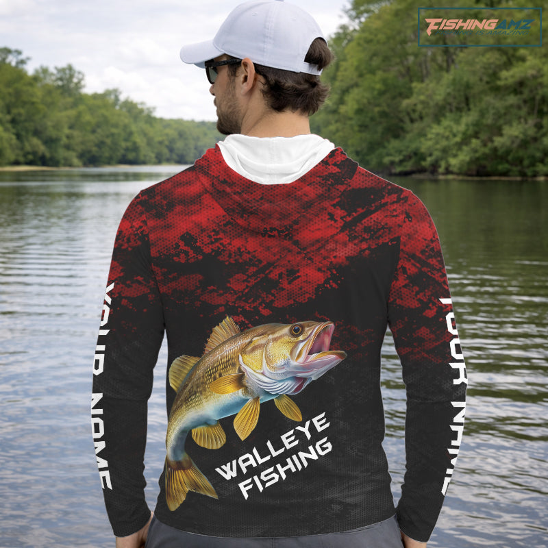 Personalized Walleye Hooded Fishing Shirts Red Camo Custom Name, Walleye Fishing Shirts NBT371