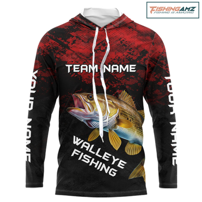Personalized Walleye Hooded Fishing Shirts Red Camo Custom Name, Walleye Fishing Shirts NBT371