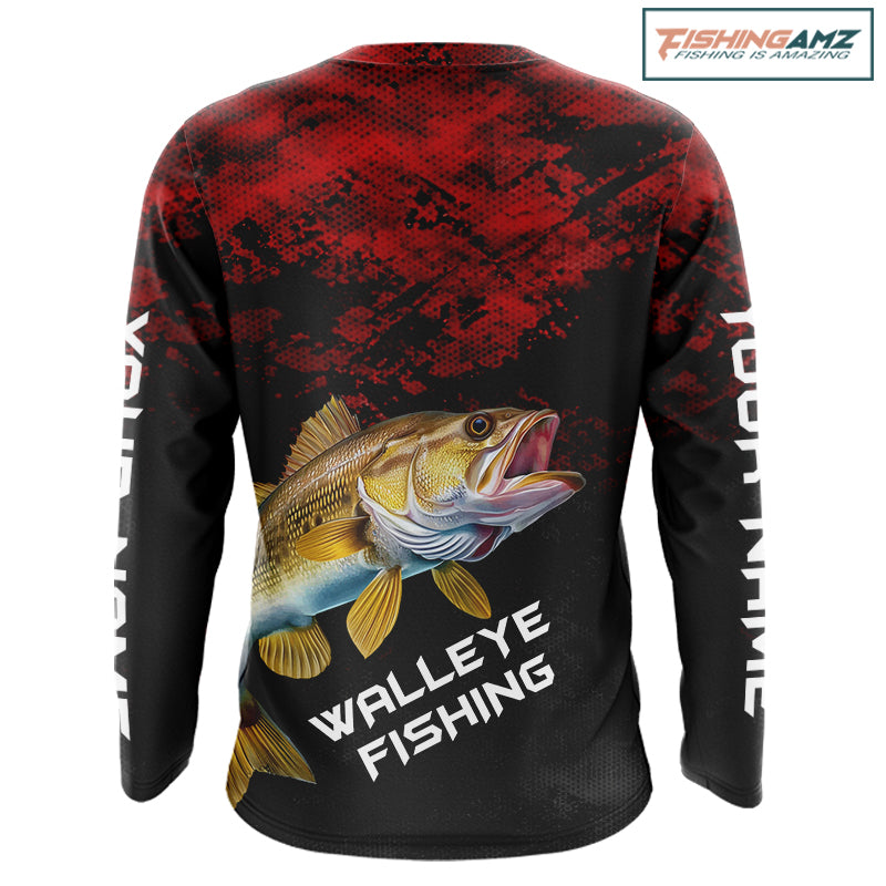 Back view of custom name walleye long sleeve fishing jersey