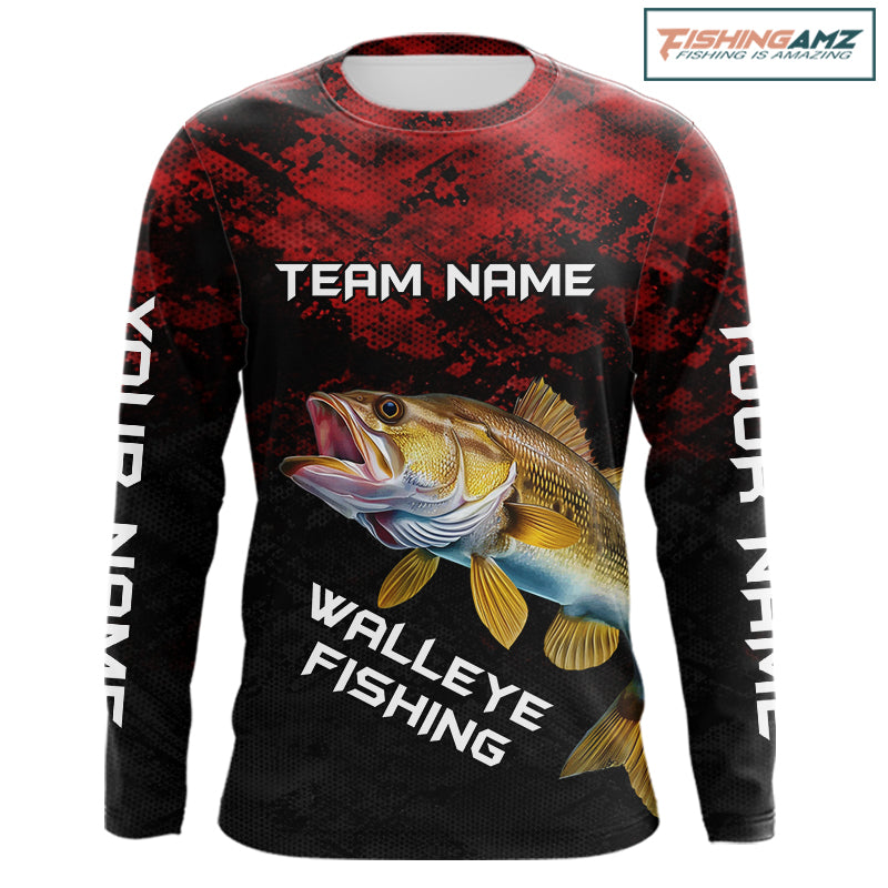 Personalized walleye long sleeve fishing shirt red camo front view