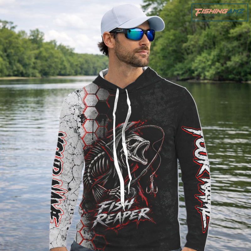 Personalized Fishing Fish Reaper Long Sleeve Hooded Fishing Shirts, Fish Reaper Skull Fishing Jerseys NBT1049