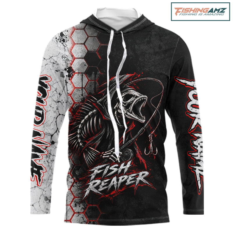 Personalized Fishing Fish Reaper Long Sleeve Hooded Fishing Shirts, Fish Reaper Skull Fishing Jerseys NBT1049
