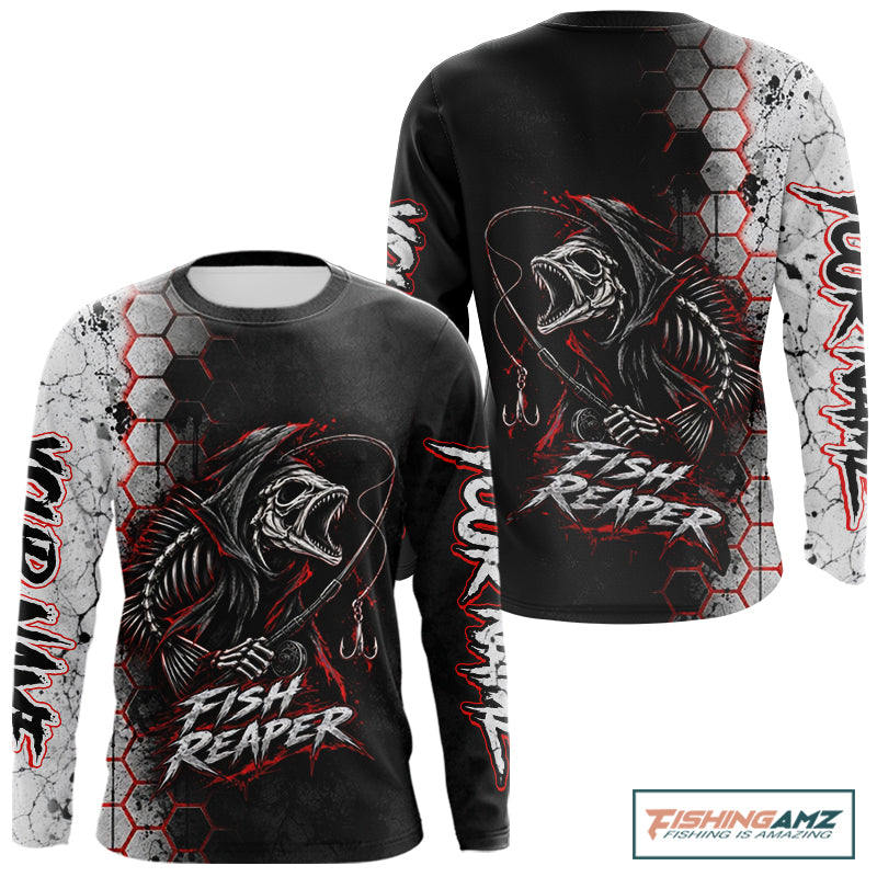 Personalized Fishing Fish Reaper Long Sleeve Fishing Shirts, Fish Reaper Skull Fishing Jerseys NBT1049